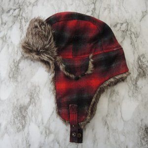 Trapper Hat Faux Fur Lining Snap Closure Chin Strap Red & Black Plaid